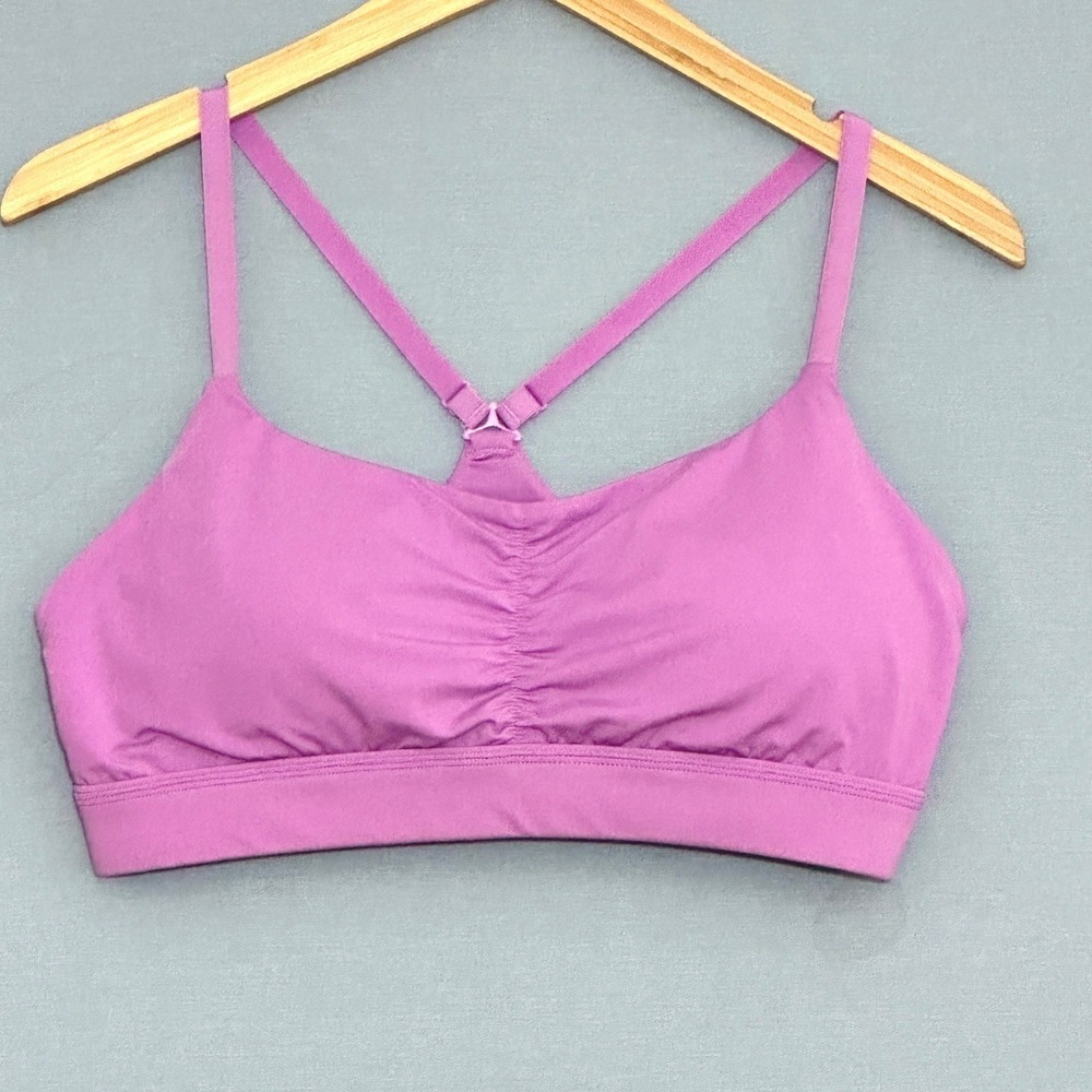 Crane Womens Sports Bra L Mulberry Purple Y-Back Ruched Front Activewear Sporty